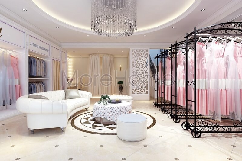 Mẫu thiết kế sofa bọc da tân cổ điển màu trắng đẹp tạo điểm nhấn nổi bật cho showroom áo cưới thêm sang trọng, lộng lẫy Sofa tân cổ điển cao cấp