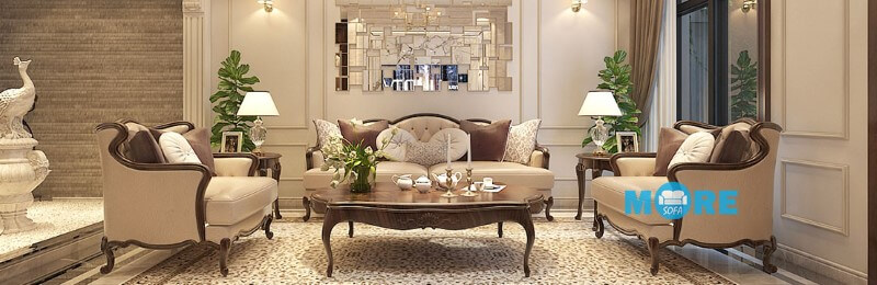 Sofa tân cổ điển MS-020 gỗ tự nhiên Óc chó, bọc da thật nhập khẩu cho chung cư, biệt thự sang trọng Sofa tân cổ điển cao cấp