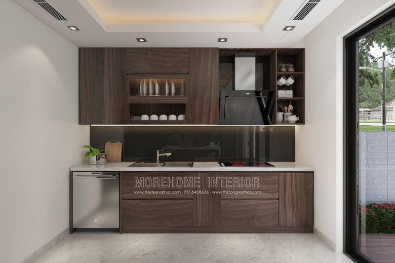 Tủ bếp chữ I có máy rửa bát được bố trí khá hợp lý trong không gian bếp hiện đại phù hợp mọi không gian. tủ bếp chung cư