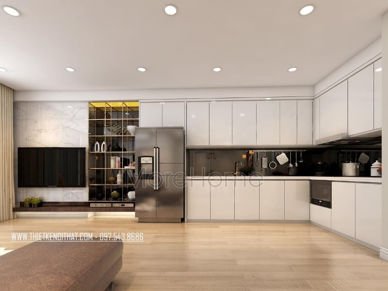 Mẫu tủ bếp màu trắng tinh tế đầy thu hút, đây là một trong những mẫu tủ được hầu hết gia chủ sống tại chung cư yêu thích Tủ bếp acrylic