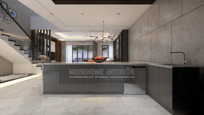 Trang trí nội thất hiện đại đẹp, độc đáo với gam màu ghi nổi bật trong toàn không gian bếp từ bộ tủ bếp đảo gỗ acrylic sáng bóng được phủ bề mặt đá ốp sang trọng, gạch ốp tường giả bê tông. Tủ bếp acrylic