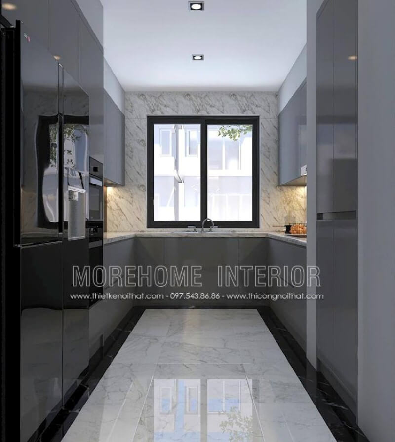 Với phòng bếp không được lớn, bạn nên thiết kế nội thất với tủ bếp hình chữ U hiện đại gỗ acrylic trong đây với một bên bố trí tủ lạnh, lò vi sóng, lò nướng một bên là bếp từ nấu và tủ bếp đựng bát đĩa, xoong nồi cần thiết và ở giữa là chậu rửa là một trong những gợi ý giúp không gian bếp được phát huy tối đa công năng. Tủ bếp acrylic