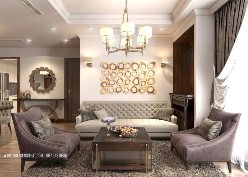 Với gam màu trung tính độc đáo, không gian phòng khách chung cư trở nên sang trọng và vô cùng ấm áp, gần gũi Thiết kế phòng khách chung cư