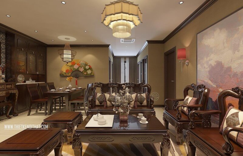 Phòng khách chung cư 3 phòng ngủ của khách hàng được thiết kế vô cùng mãn nhãn với đồ nội thất gỗ phong cách tân cổ truyền thống Thiết kế phòng khách chung cư