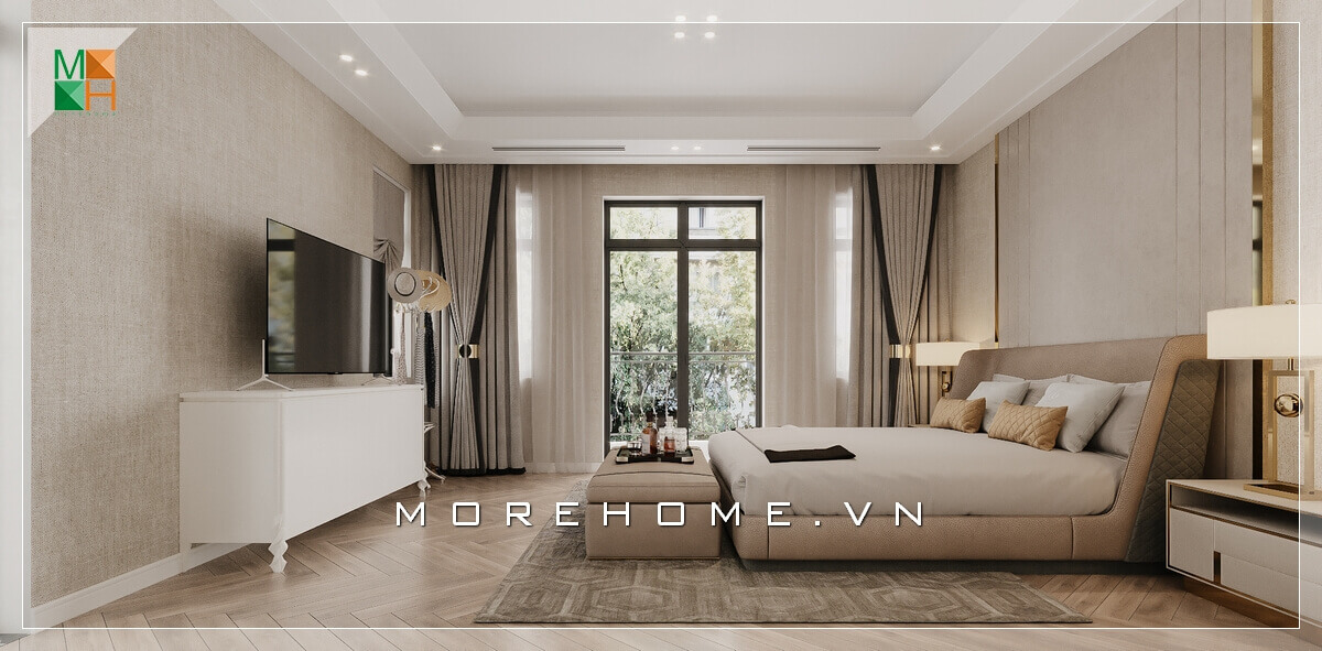 Gợi ý mẫu thiết kế nội thất không gian phòng ngủ chung cư, nhà phố, biệt thự tân cổ điển thông thoáng nhờ thiết kế có cửa sổ lớn.