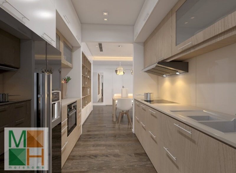 Thiết kế phòng bếp chung cư tiện nghi với hệ tủ bếp gỗ công nghiệp hiện đại,thông minh