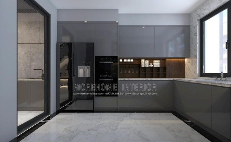 Thiết kế nội thất phòng bếp hiện đại đẹp sang trọng với tone màu xám nổi bật phù hợp gia chủ mệnh Thủy.